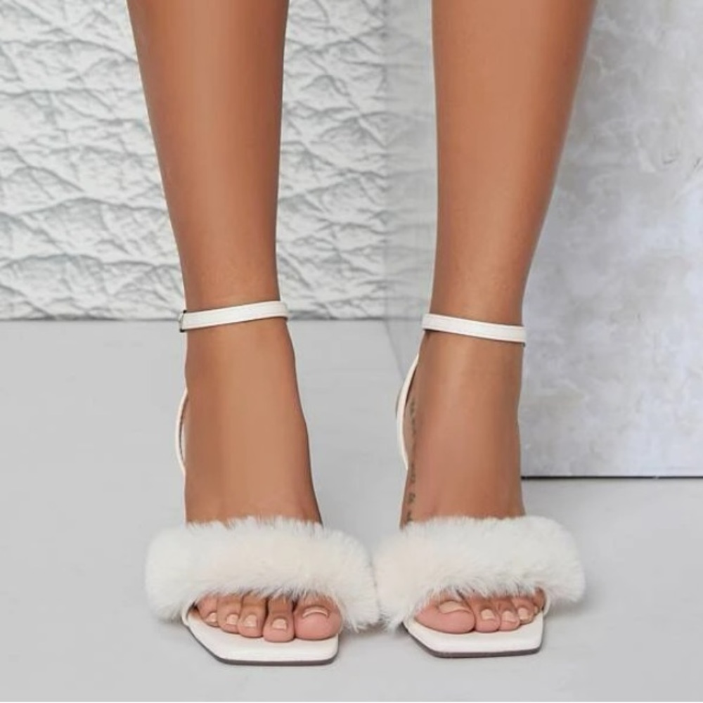 Sexy White Fuzzy Strappy Heels